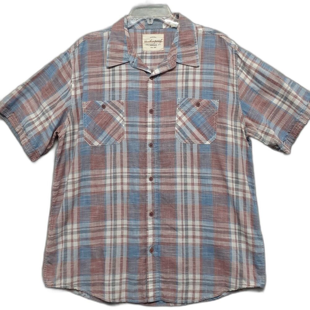 Original Weatherproof Men XL Red White Blue Plaid Button Up Short Sleeve Shirt
